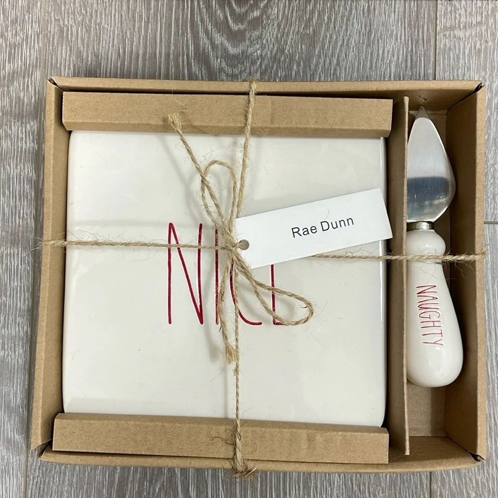 NWT Rae Dunn Cheese Board with Spreader Knife Gift Set “Naughty” & “Nice”